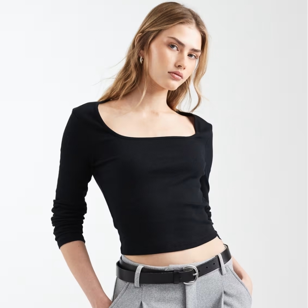 Asos Design Black Ribbed Square Neckline Top Size 6 (US S)